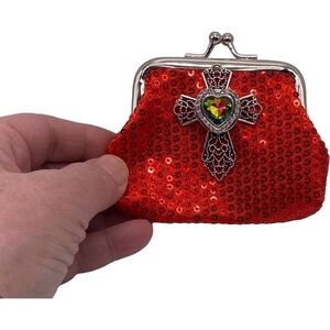 Ruby Red Sequin Change Purse w/ Silver Cross & Multicolored Heart Snap! VIDEO!
